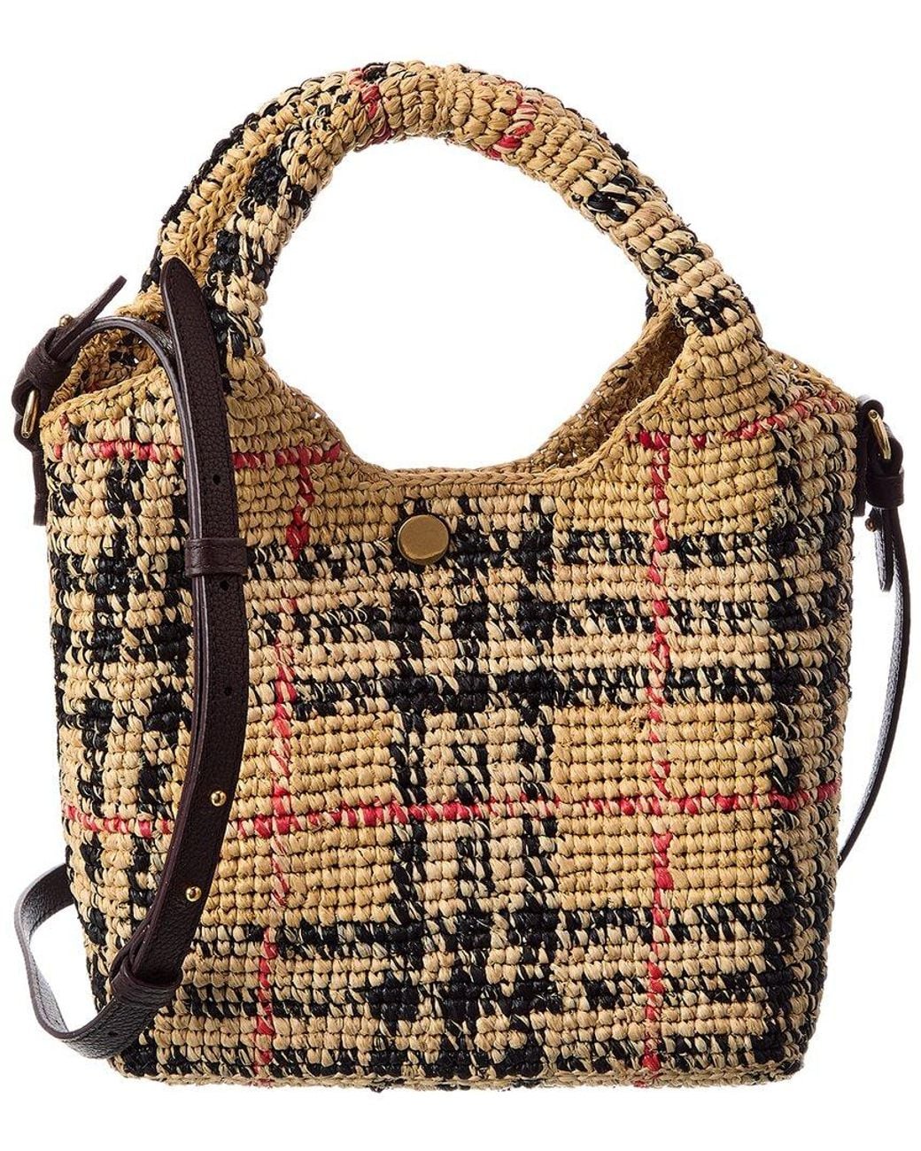 Burberry Brown Margate Mini Check Raffia & Leather Tote