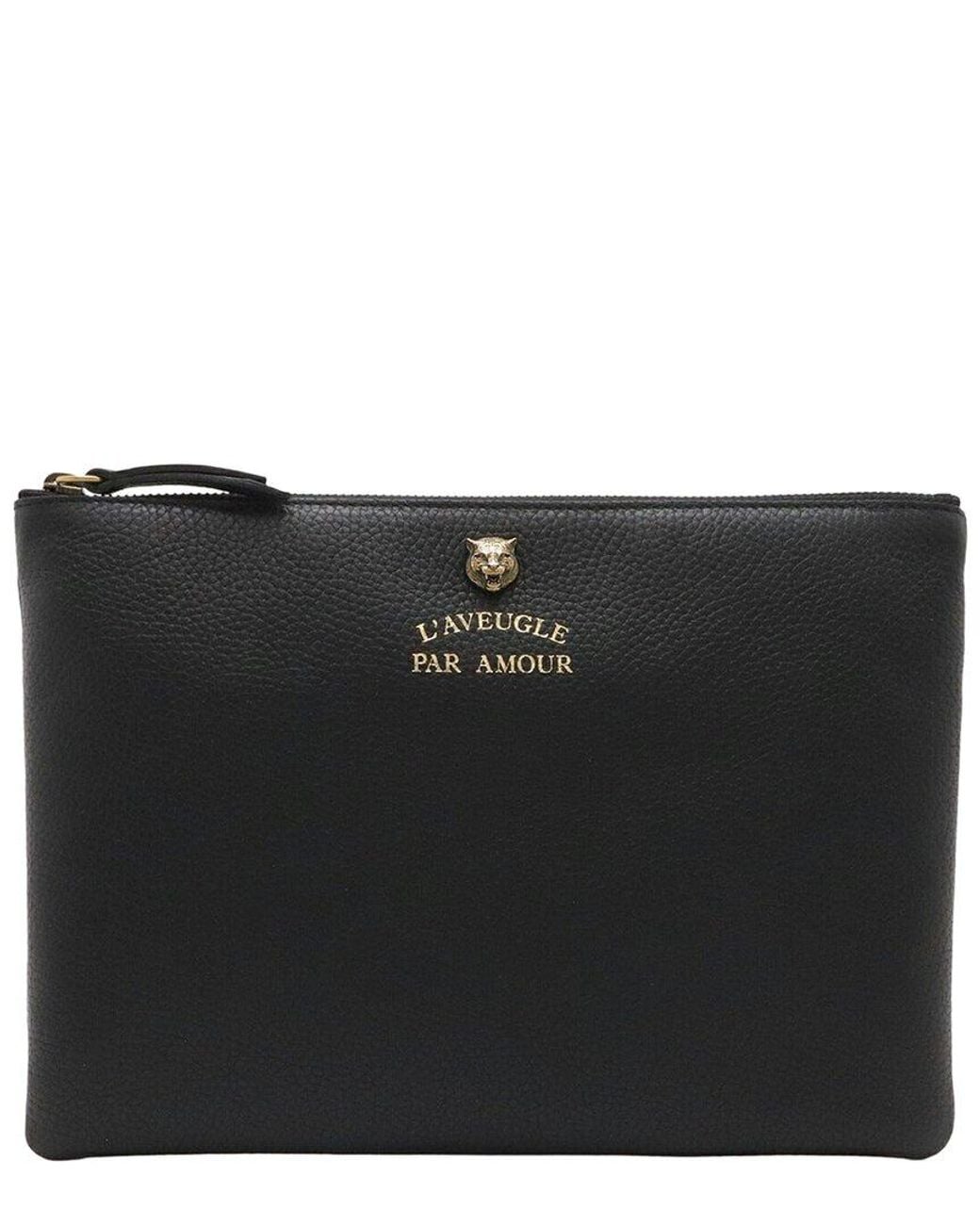 Gucci Black Leather Animalier Tiger Head Clutch (authentic Pre-loved)