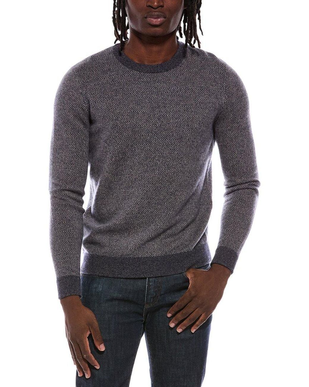 Autumn Cashmere Gray Herringbone Stitch 100% Cashmere Crewneck Sweater for men