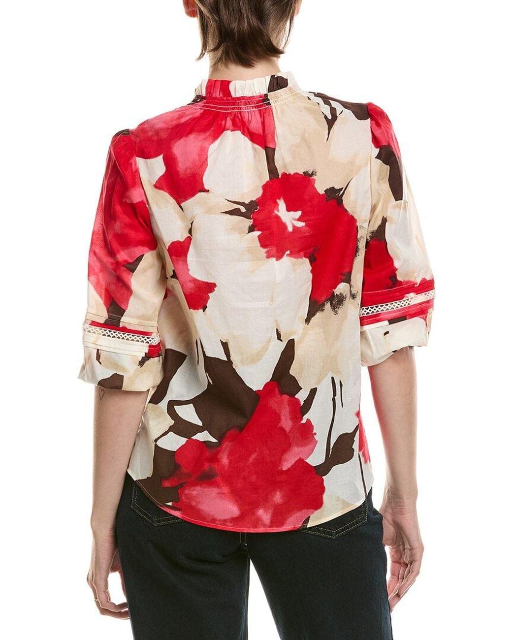 Anne Klein Red Petite Ruffle Neck Button Front Top
