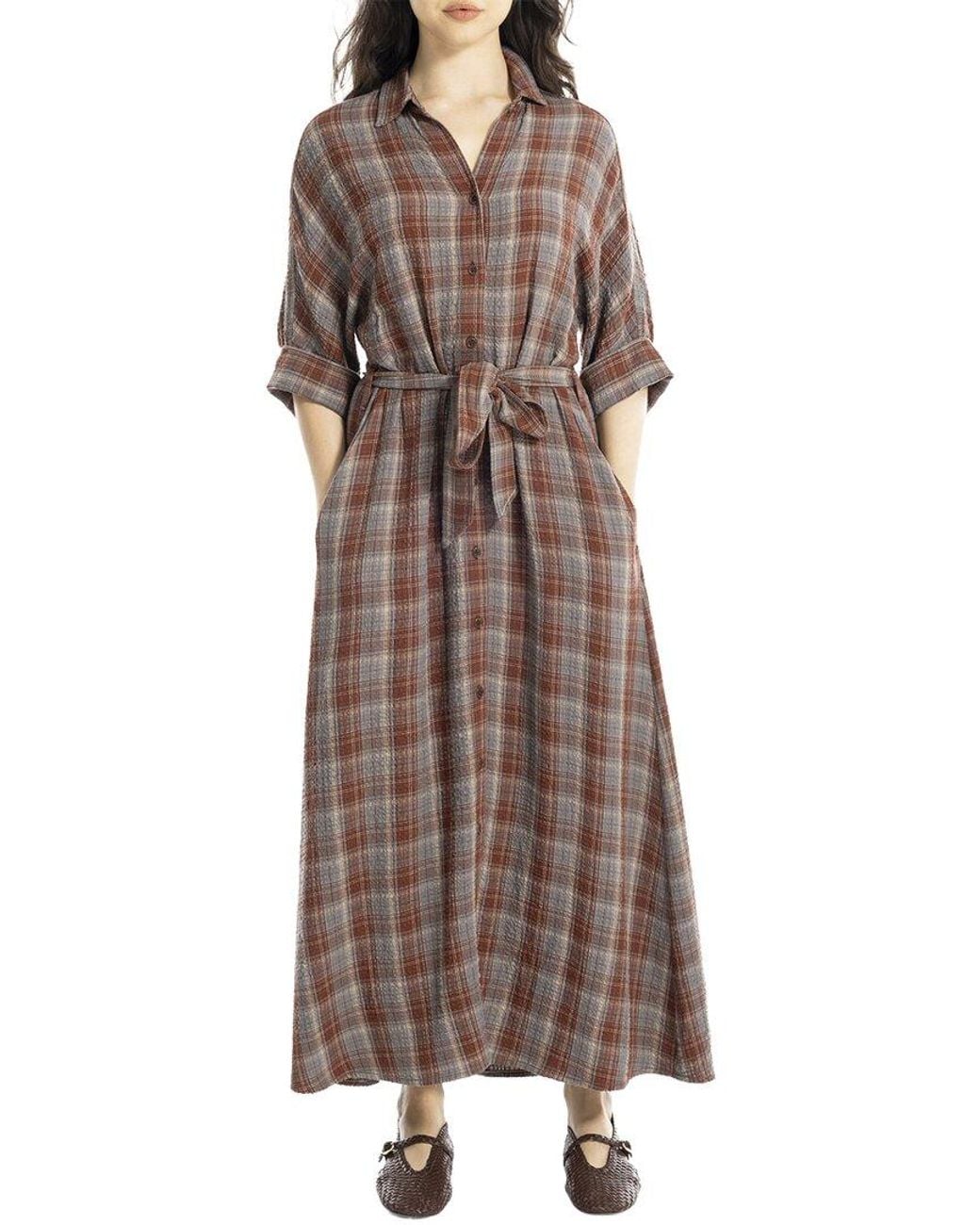 Max Studio Brown Large Roll Sleeve Belted Dress
