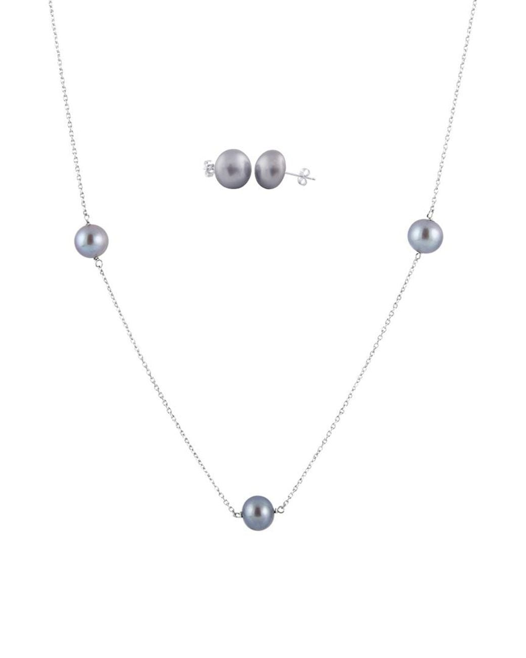 Splendid White Rhodium Plated 7-8mm Freshwater Pearl Necklace & Earrings Set