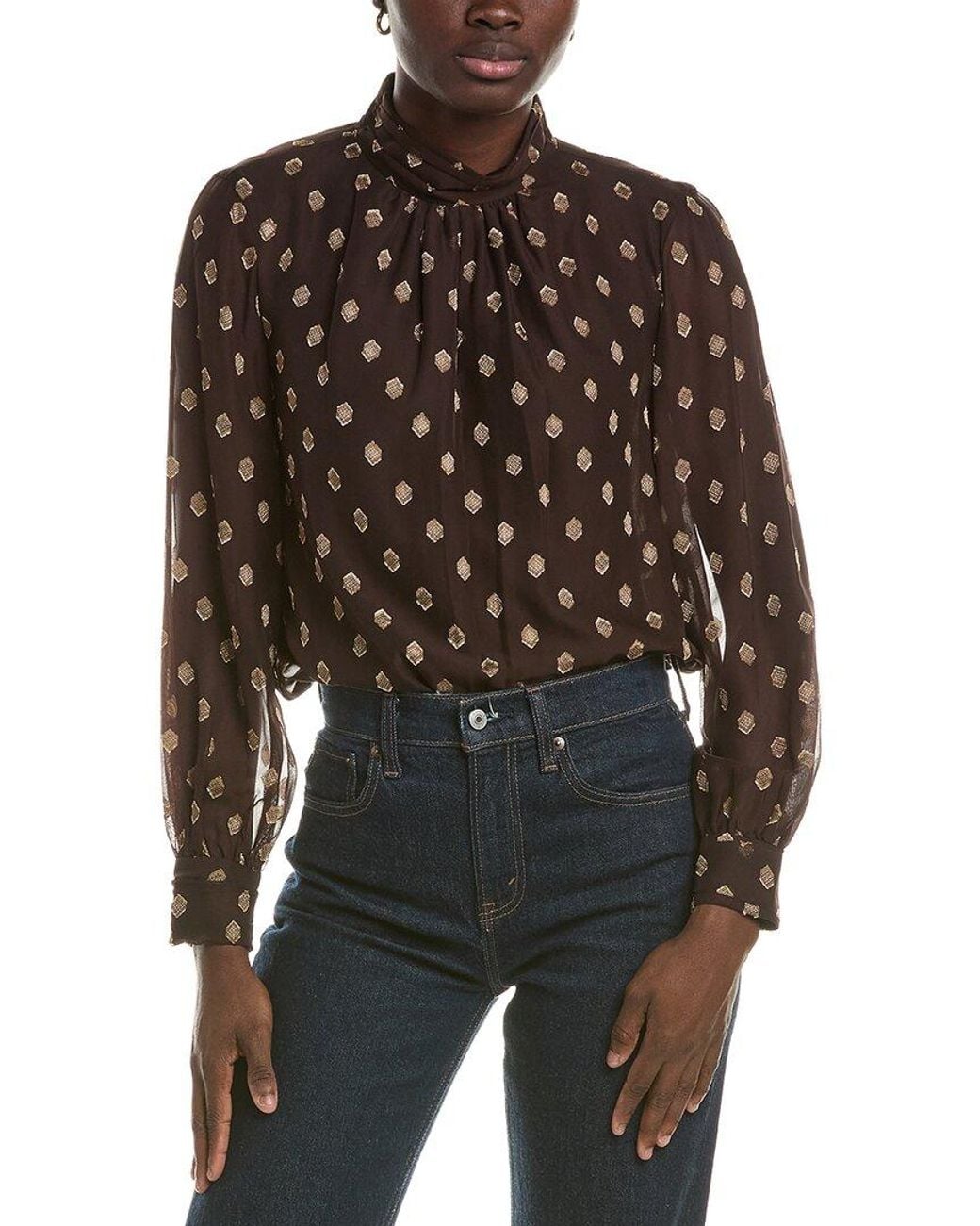 Anne Klein Black Shirred Collar Keyhole Blouse