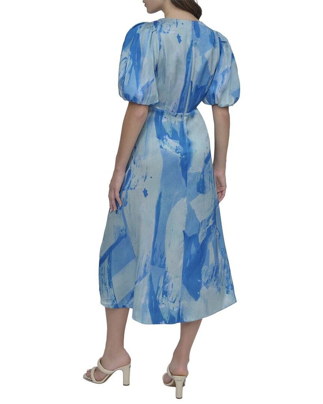 DKNY Blue V-Neck Printed Scarf Twill Dress