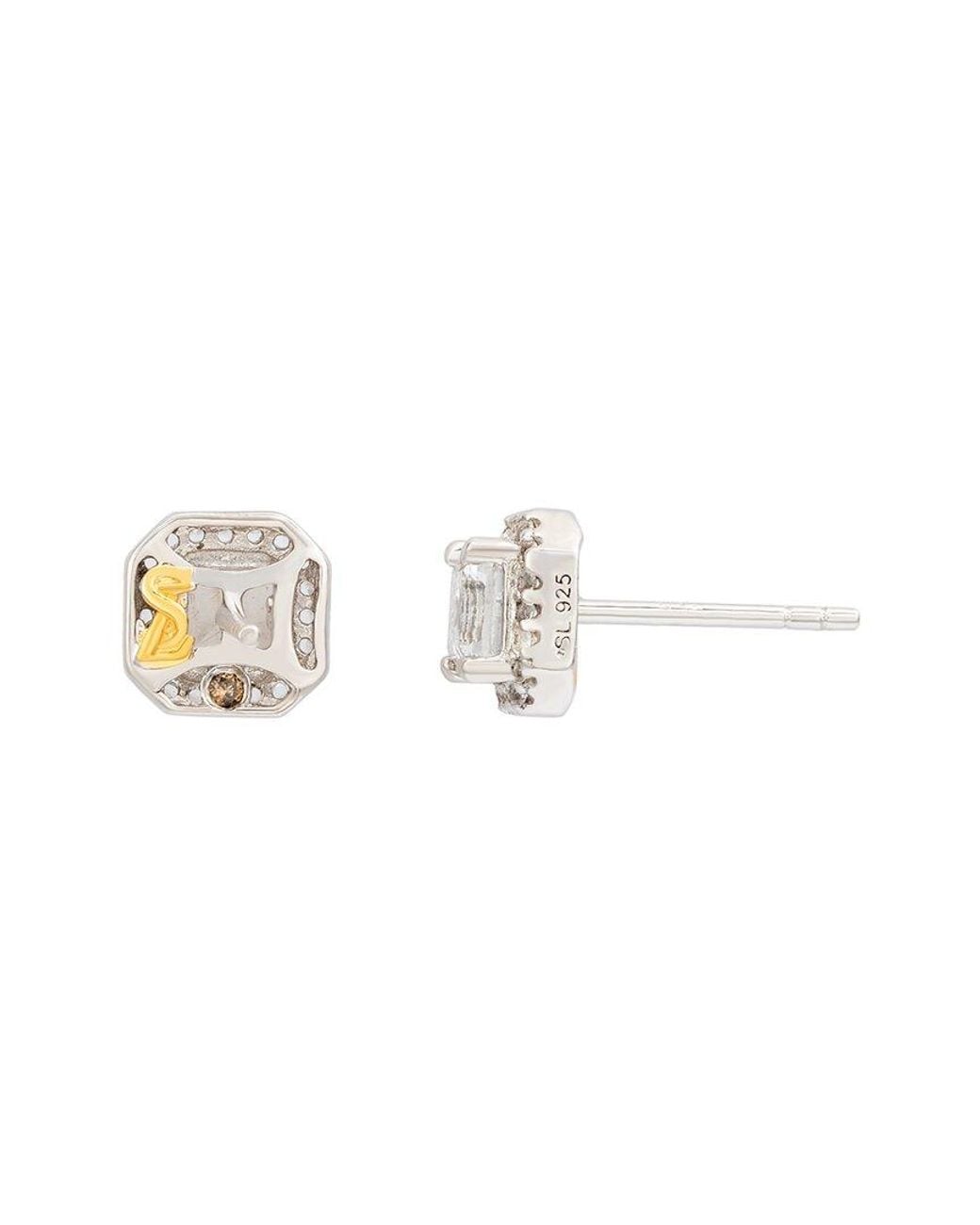 Suzy Levian Metallic Silver 0.02 Ct. Tw. Diamond & White Topaz Halo Studs