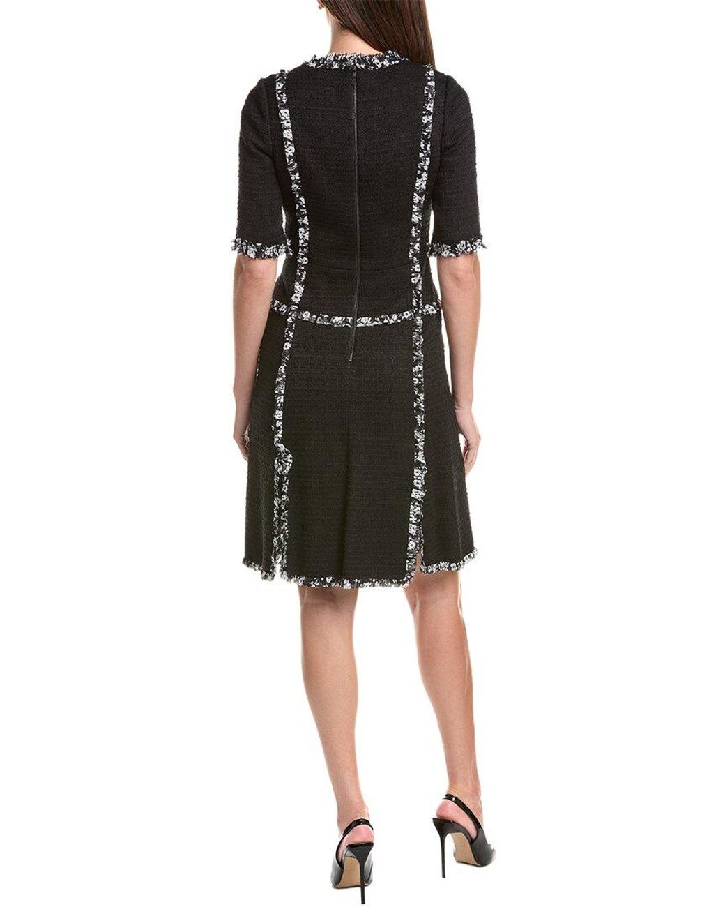 Teri Jon Black Boucle Silk Chiffon Trim & Corsage Sleeve Dress