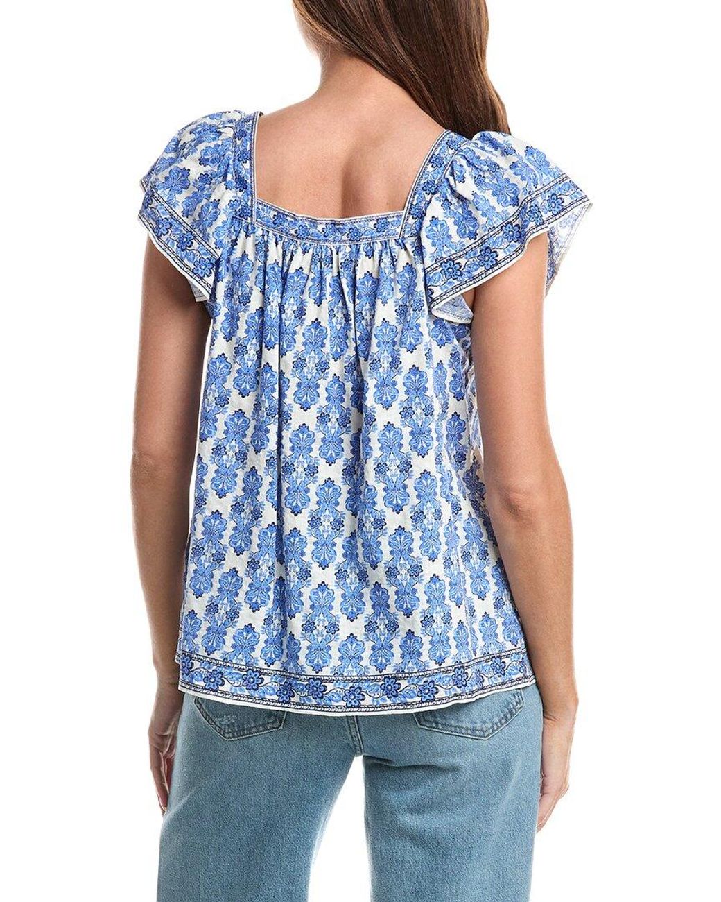 Max Studio Blue Square Neck Flutter Sleeve Blouse