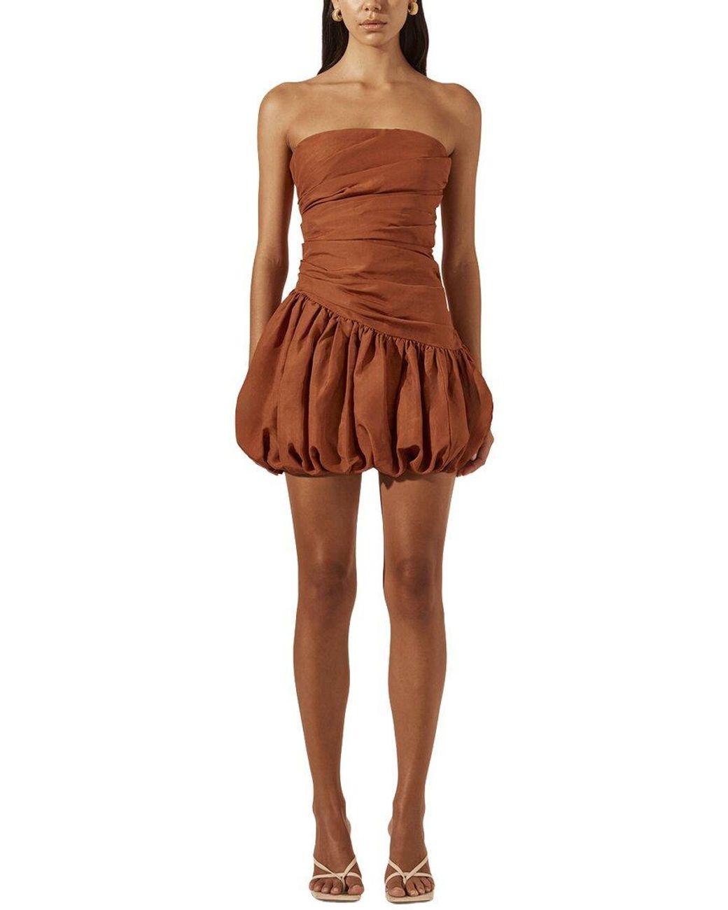 Shona Joy Brown Celeste Strapless Linen-Blend Bubble Mini Dress