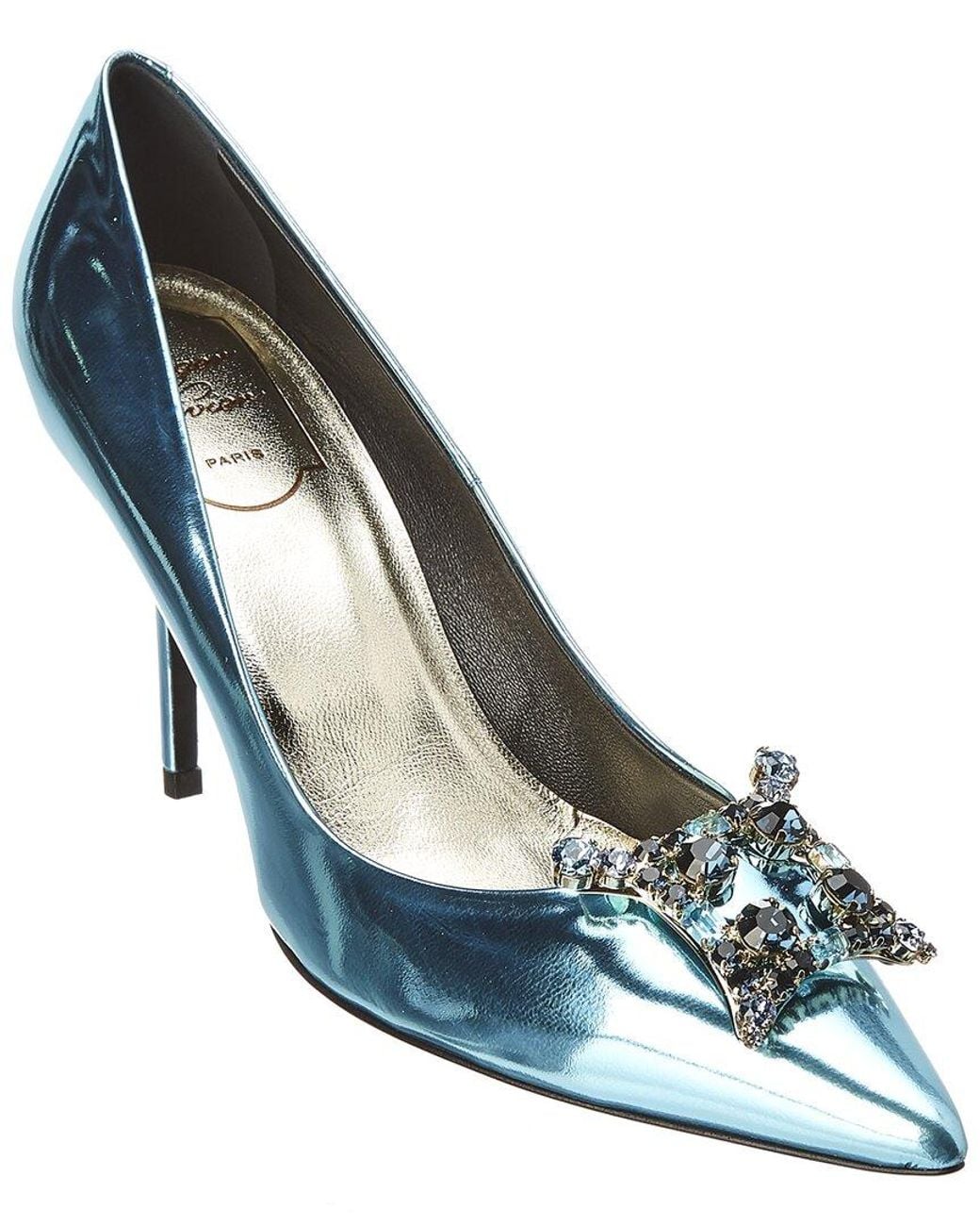 Roger Vivier Blue Embellished Metallic Leather Pump