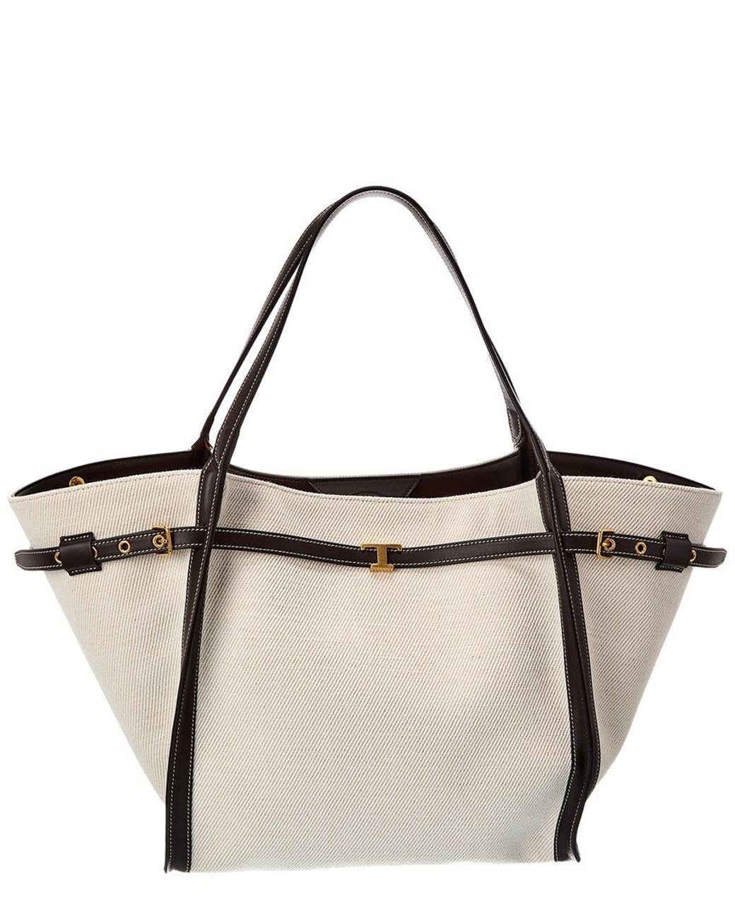 Tod's White Logo Medium Canvas & Leather Tote