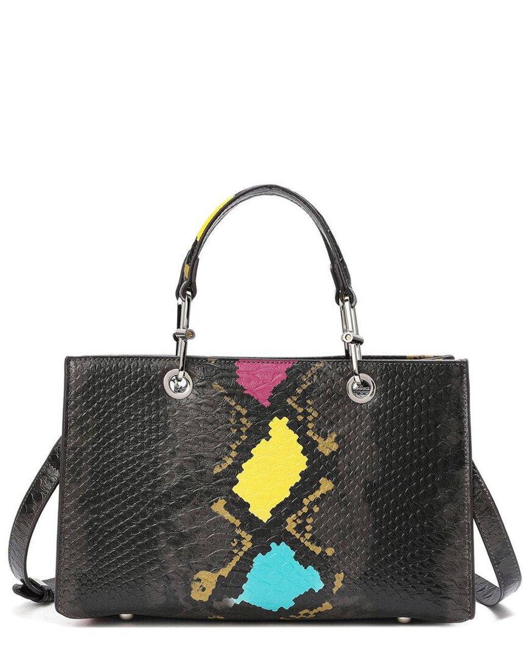 Tiffany & Fred Paris Black Snake-embossed Leather Top Handle Tote