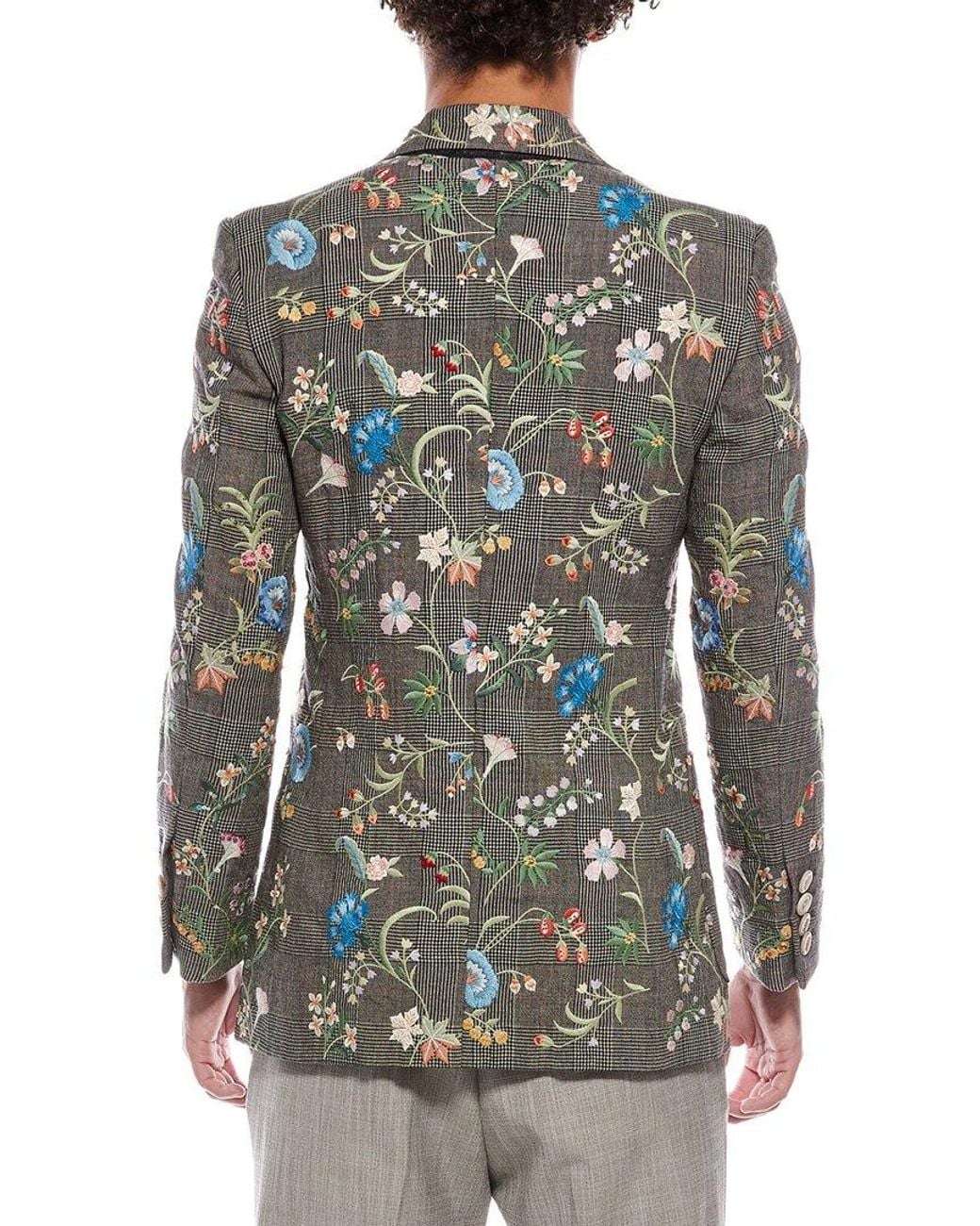 Gucci Gray Floral Embroidered Wool & Linen-Blend Plaid Jacket for men