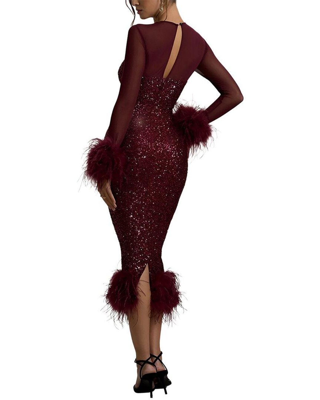 AMINA GLAM Red Long Sleeve Midi Dress