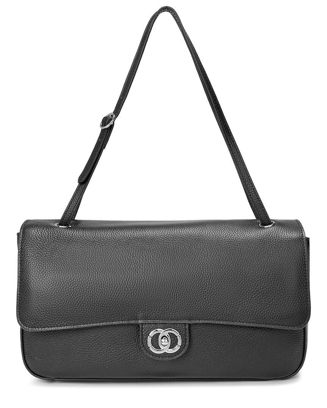 Tiffany & Fred Paris Black Premium Pebbled Leather Turnlock Shoulder Bag