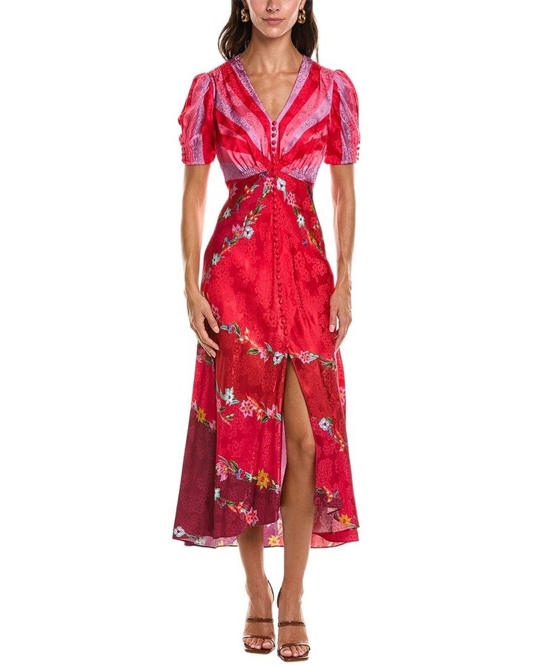 Saloni Red Stamped Satin Silk Midi Dress