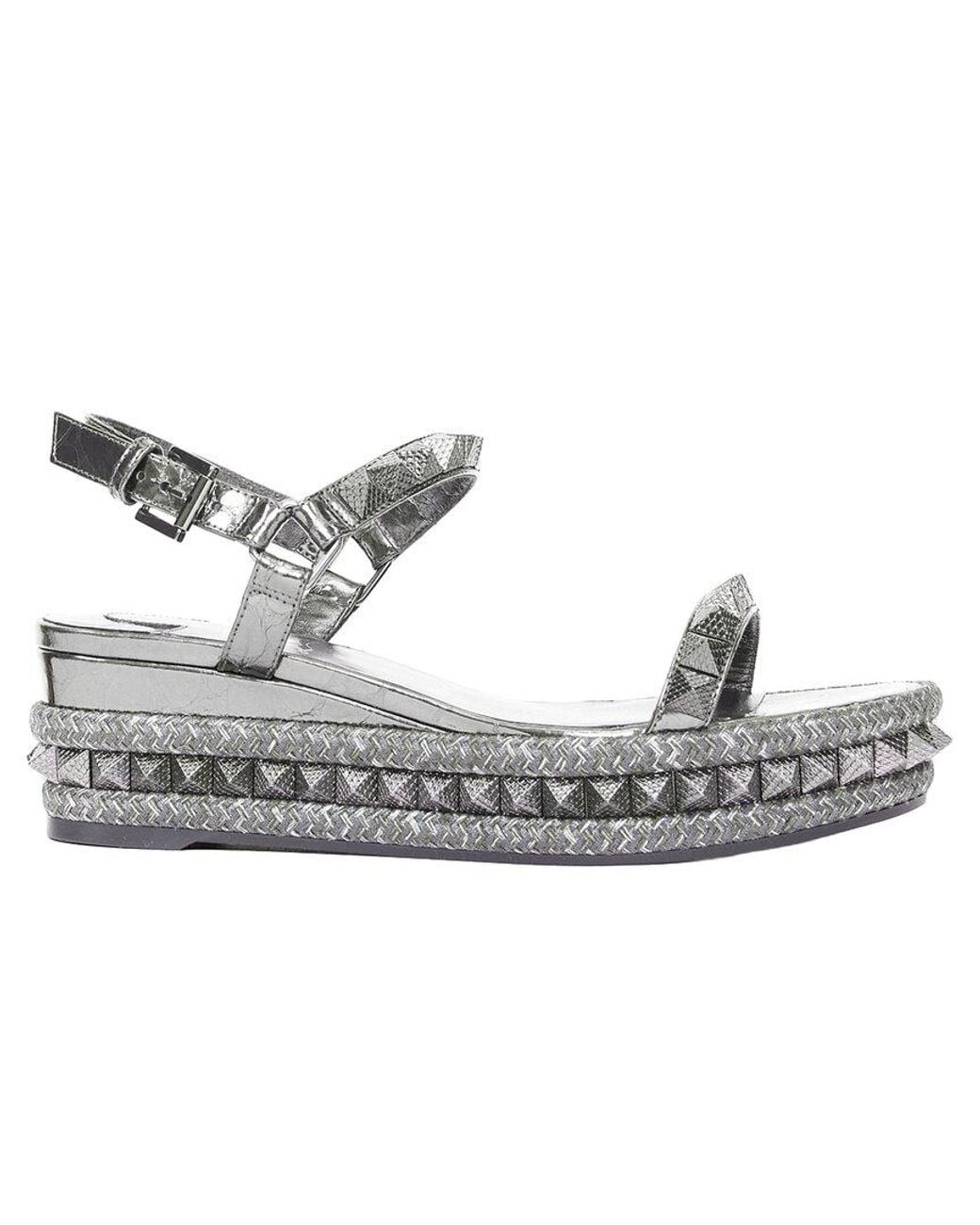 Christian Louboutin Gray Leather Pyraclou 60 Studded Espadrille Sandal (Authentic Pre-Loved)