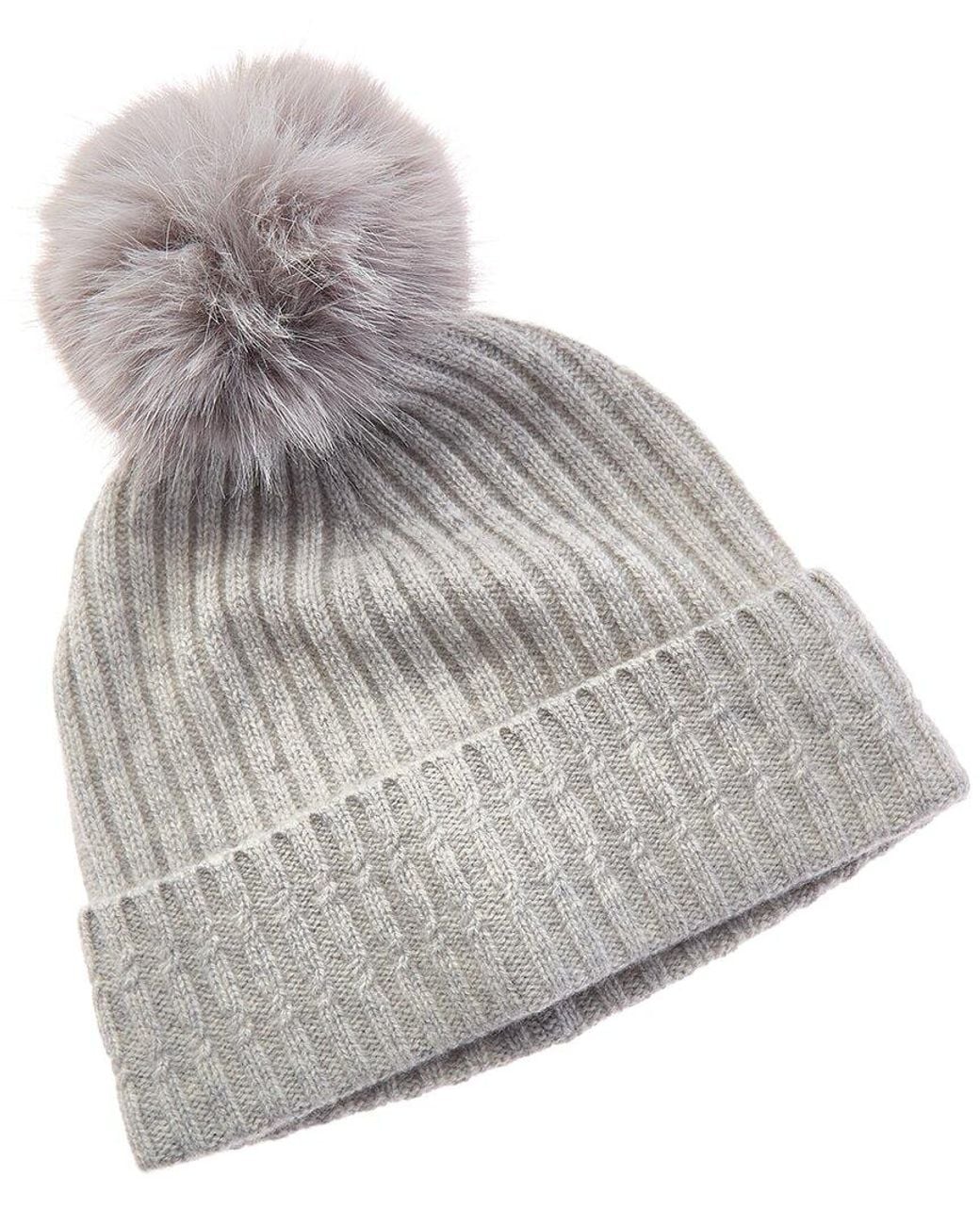 Amicale Cashmere Gray Cable Detail Rib Cuffed Cashmere Hat