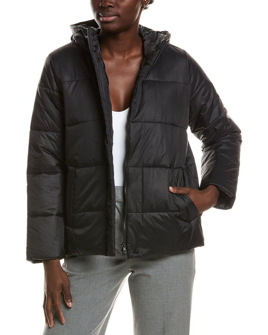 Eileen Fisher Black Petite Hooded Puffer Coat