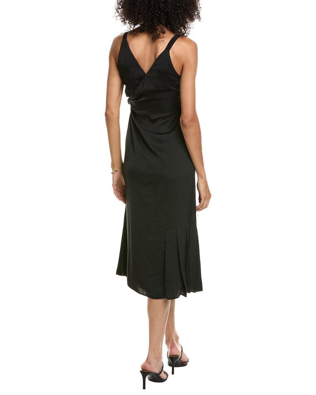 Prada Black Feather Trimmed Pleated Satin Wrap Dress