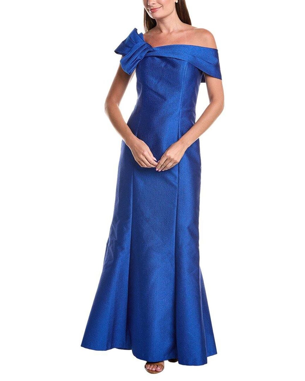 Teri Jon Blue Metallic Jacquard Asymmetrical Neck Bow Shoulder Gown