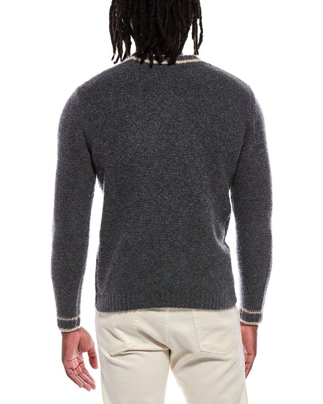 Autumn Cashmere Gray Purl Crewneck Striped Trims Wool & Cashmere-Blend Sweater for men