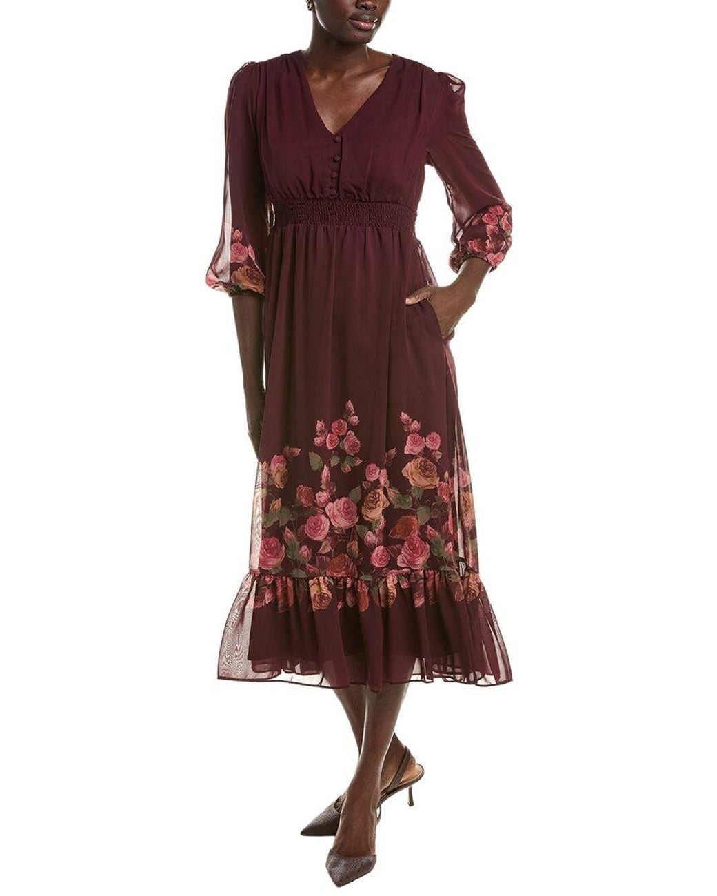 Maison Tara Red Long Sleeve Midi Dress