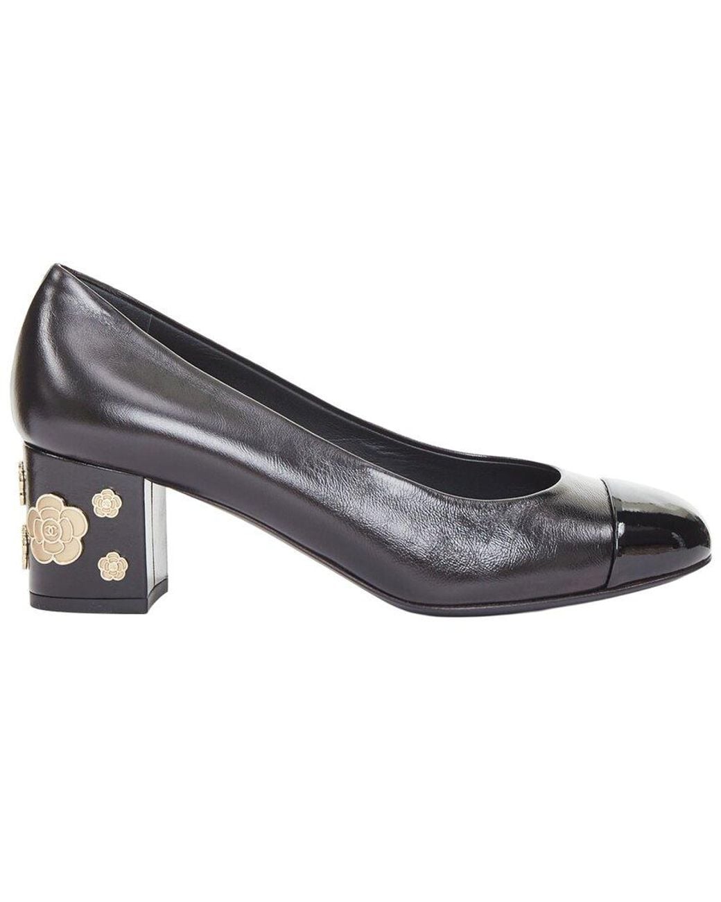 Chanel Black Leather 2021 Cap Toe Camellia Block Heel Pump (Authentic Pre- Loved)