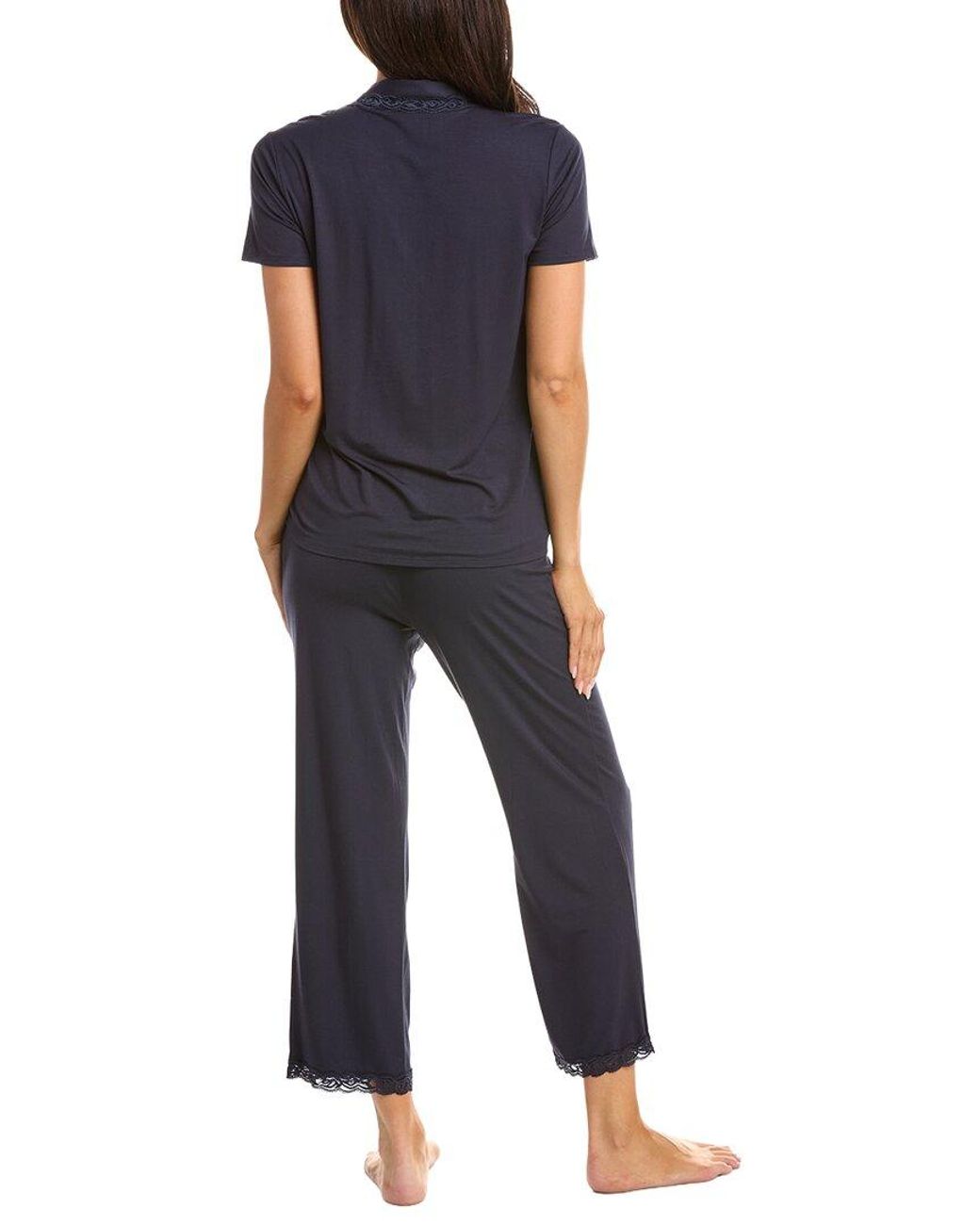 Natori Blue Feathers Essentials Lace Applique Notch Pajama Set