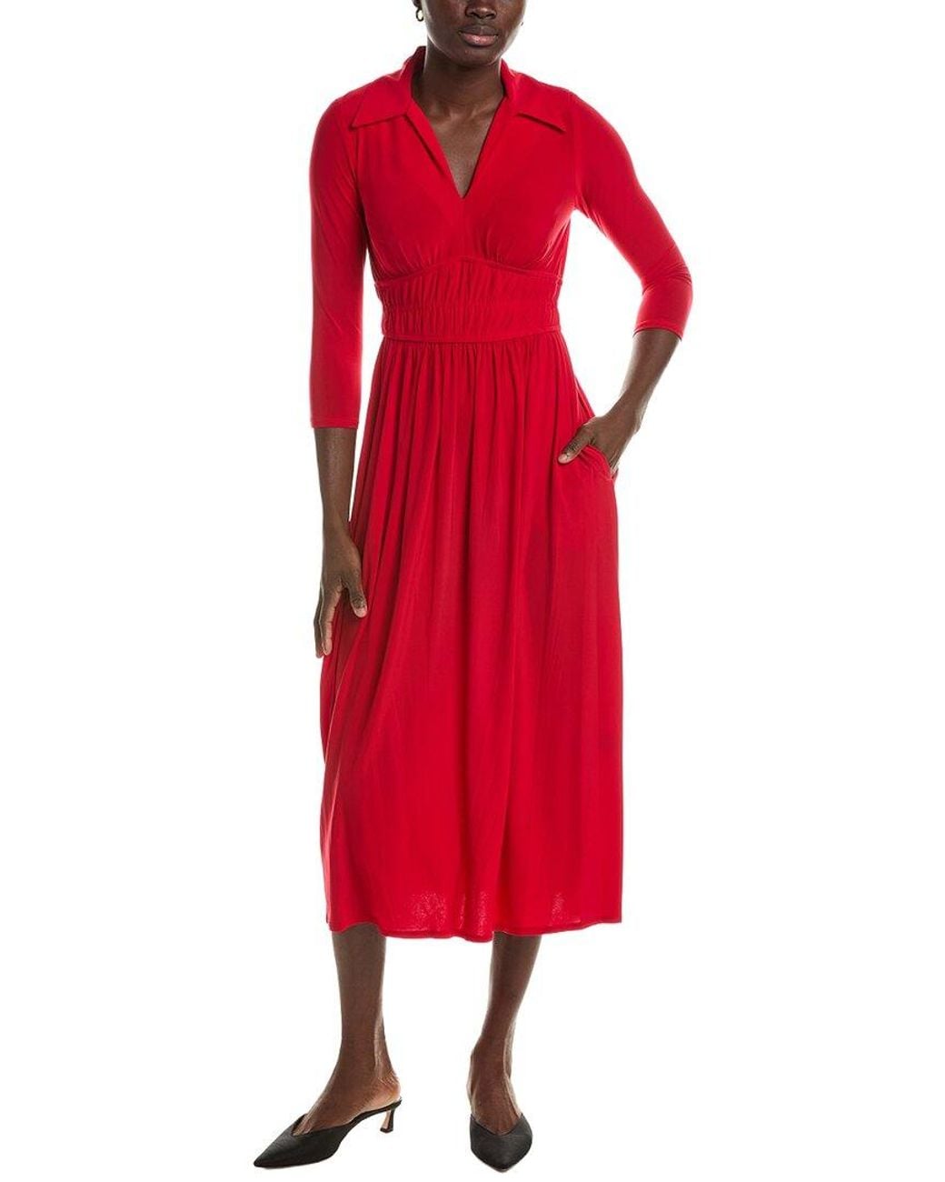 Maison Tara Red Long Sleeve Midi Dress