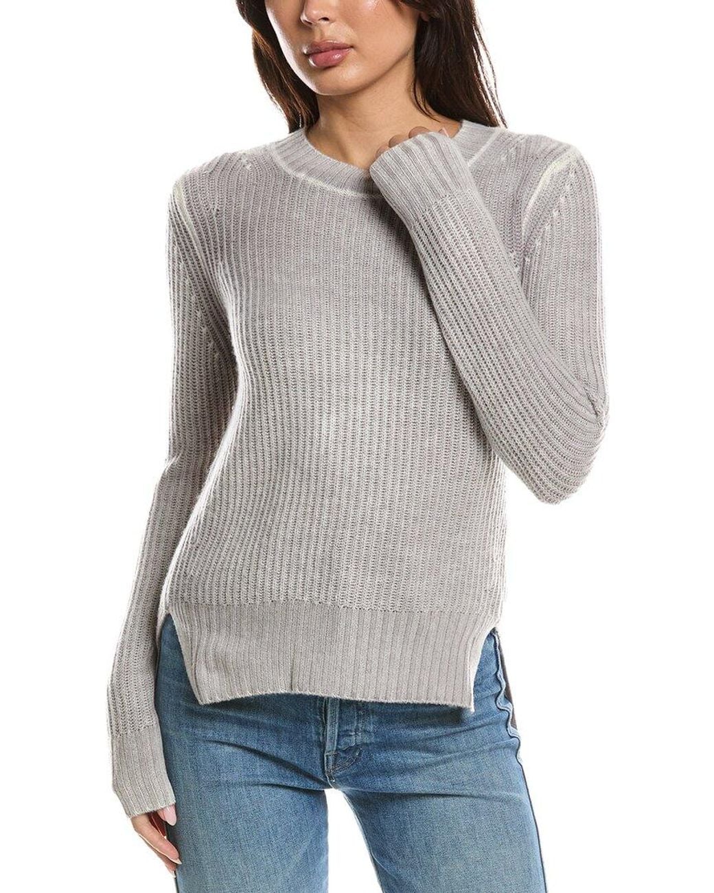 Forte Gray Spray Print High-Low 100% Cashmere Sweater