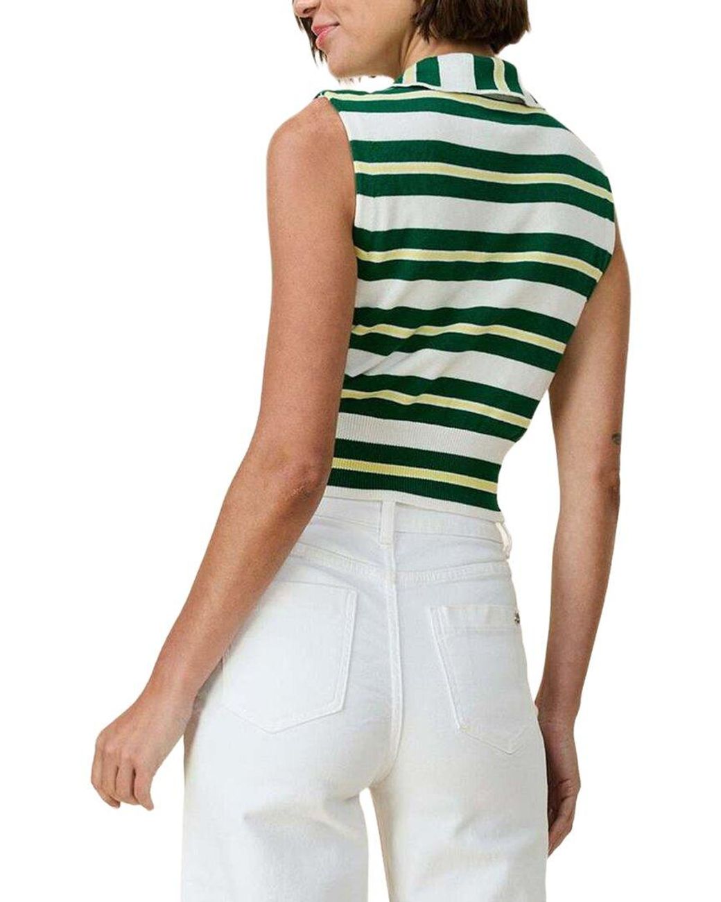 Rowing Blazers Green Striped Knit Collared Button Up Cashmere-Blend Tank
