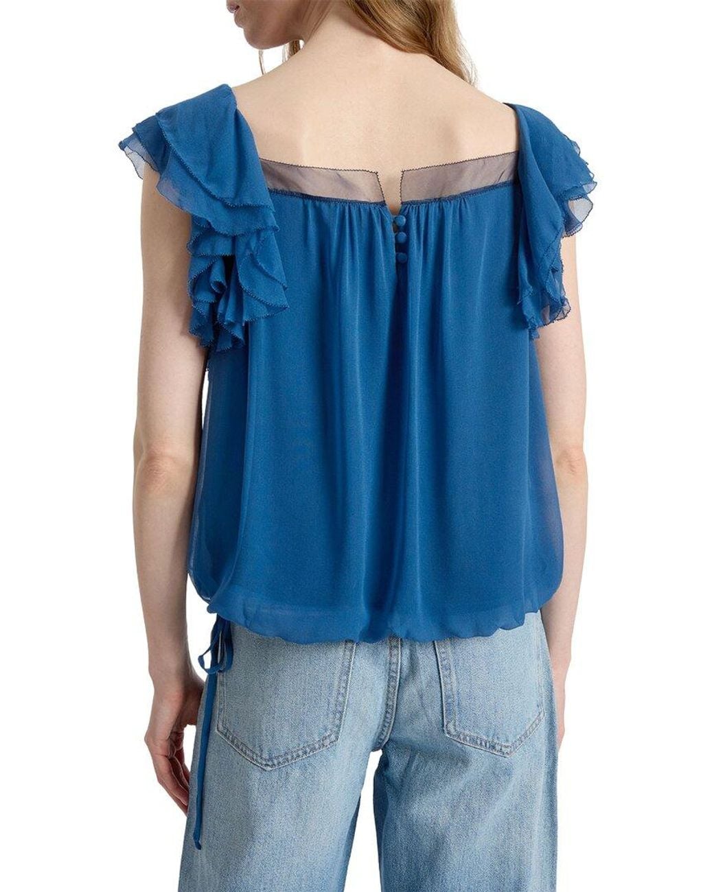 Santorelli Blue Silk Chass Ruffle Blouse