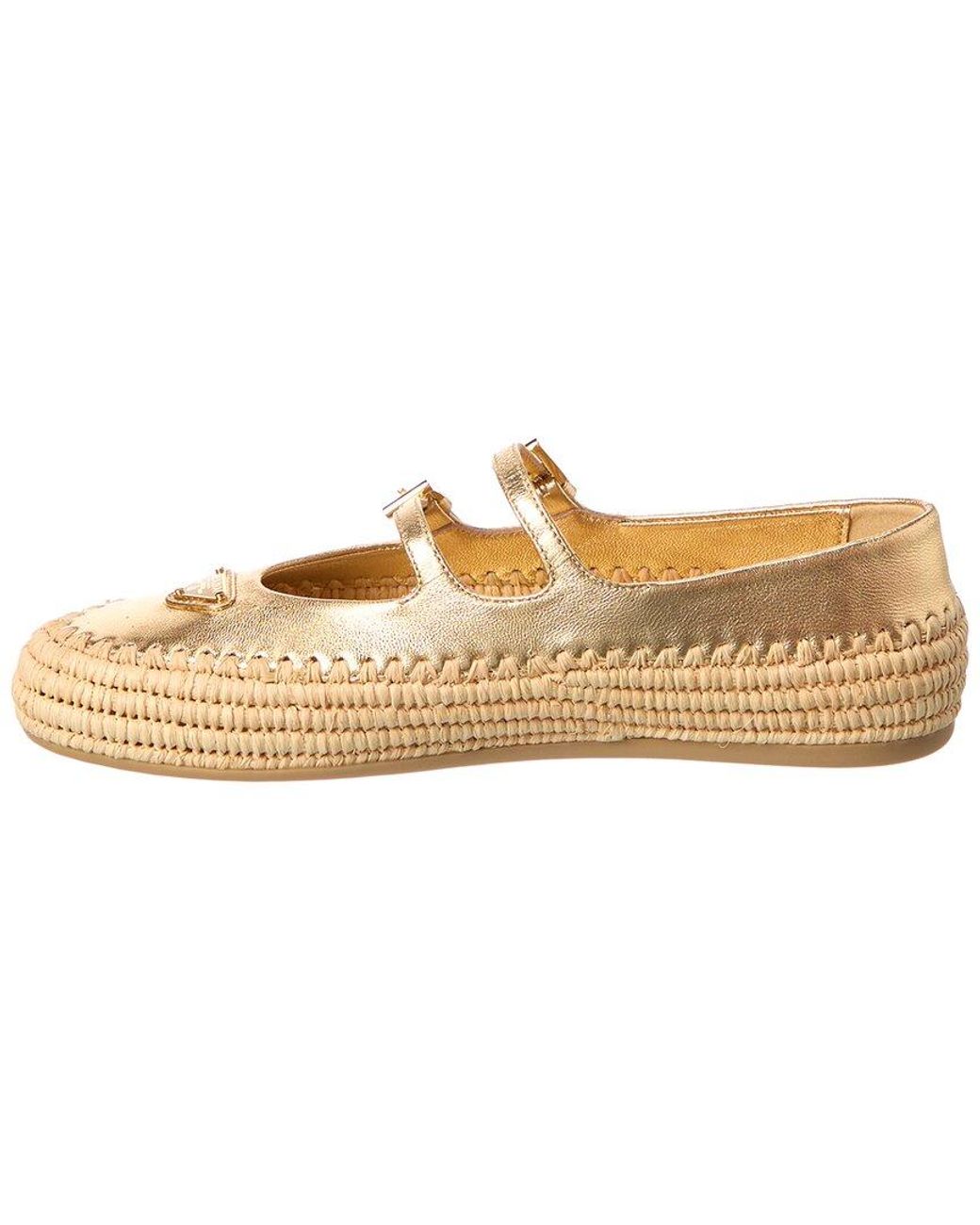 Prada White Logo Leather & Raffia Ballet Flat