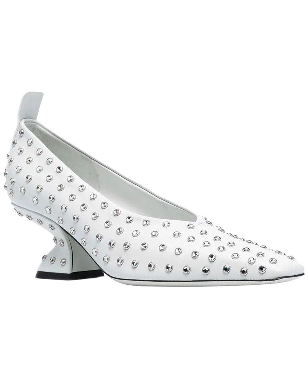 Ferragamo White Rhinestone F-Heel Leather Pump