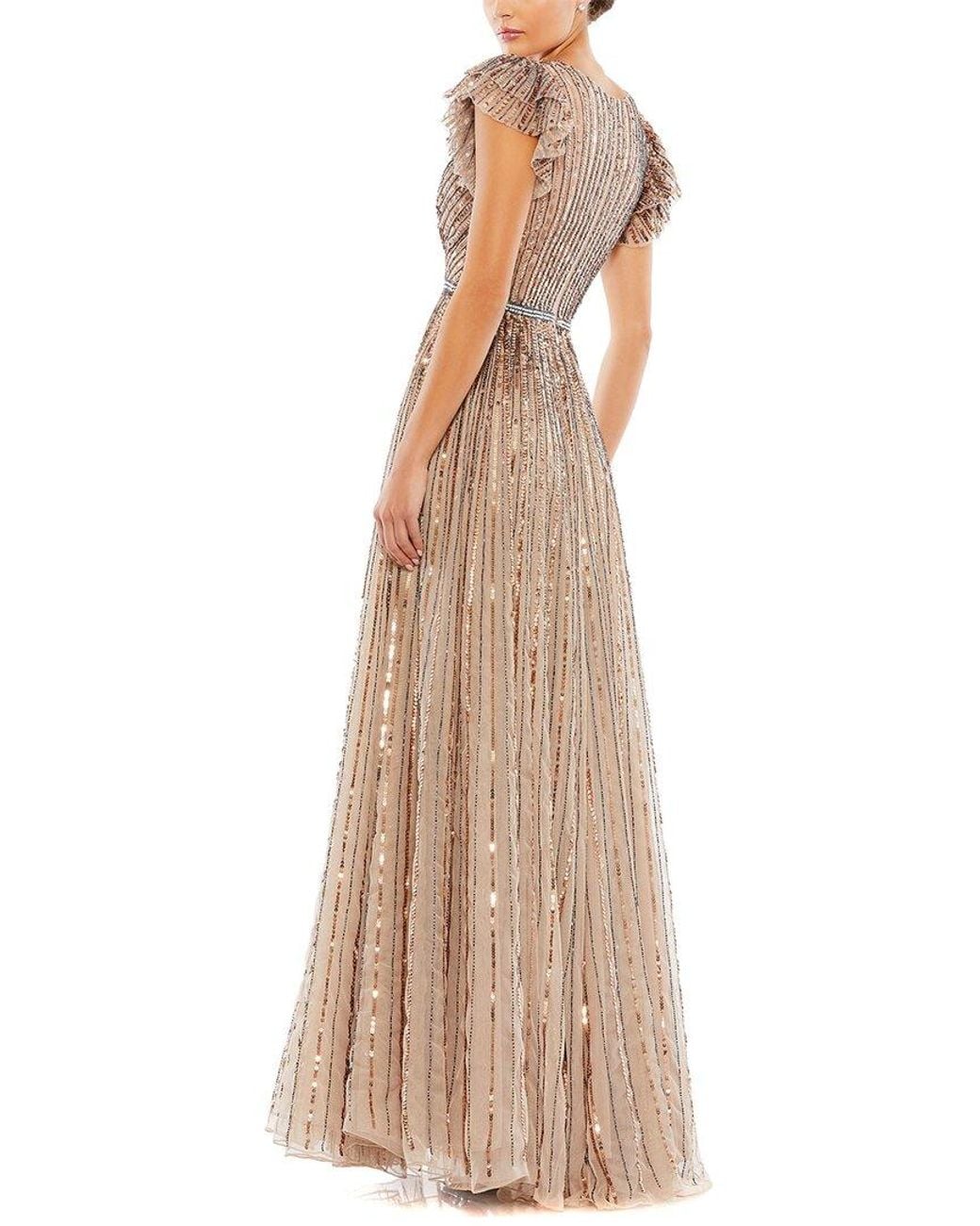 Mac Duggal Natural Sequined Wrap Over Ruffled Cap Sleeve Gown
