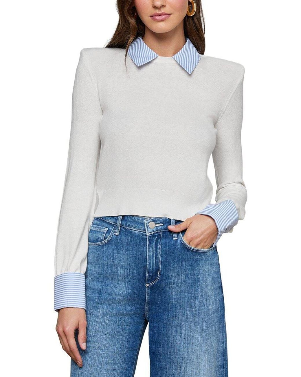 L'Agence Blue April Poplin Collar Silk-Blend Pullover