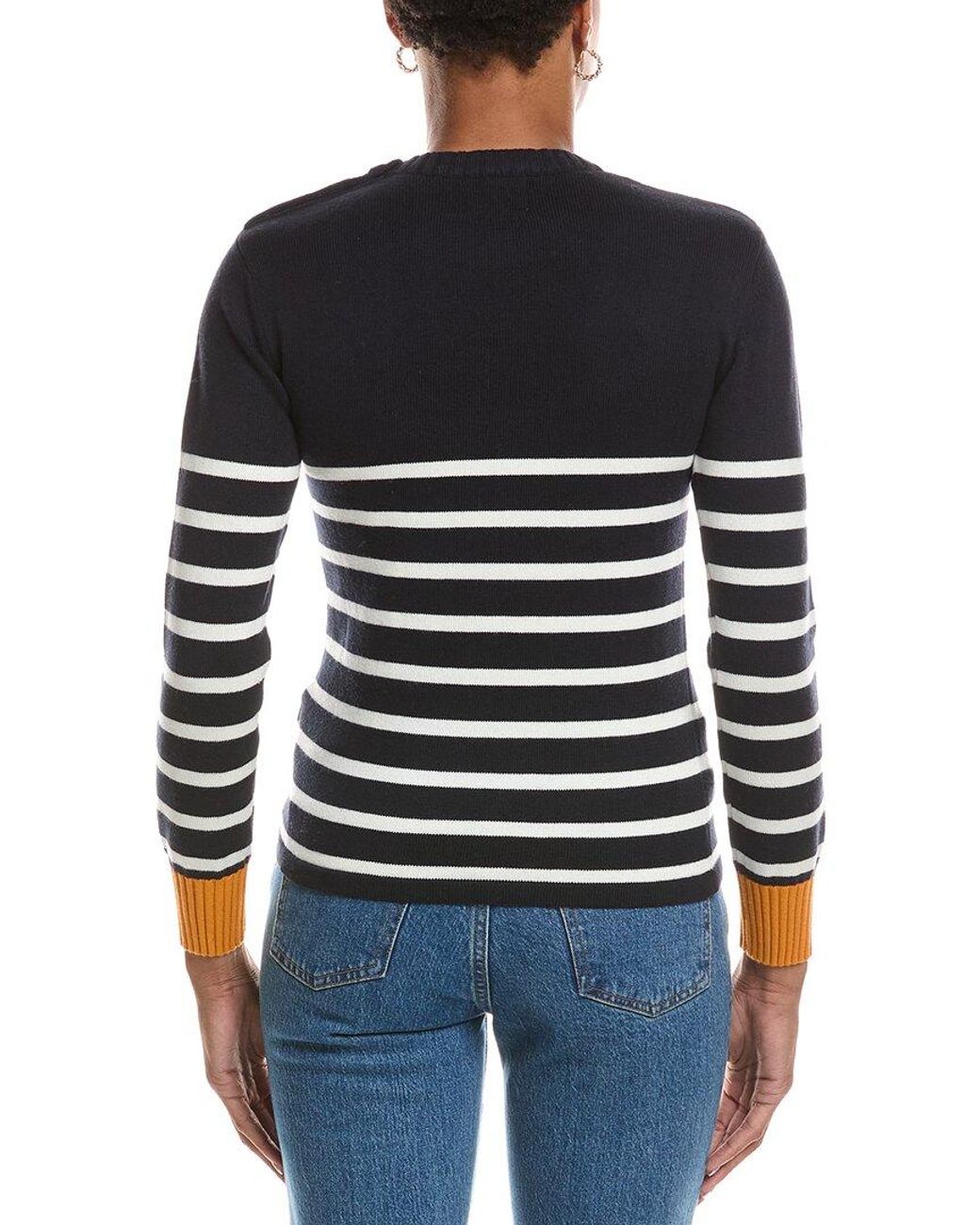 Brodie Cashmere Black Button Stripe Crewneck Cashmere-Blend Sweater