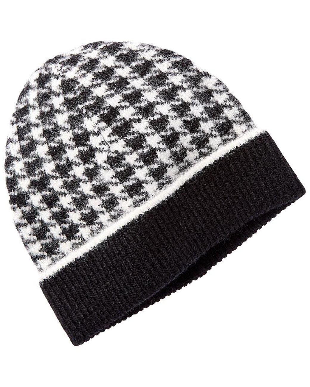 Bruno Magli Black Houndstooth Jacquard Cuffed Cashmere Hat