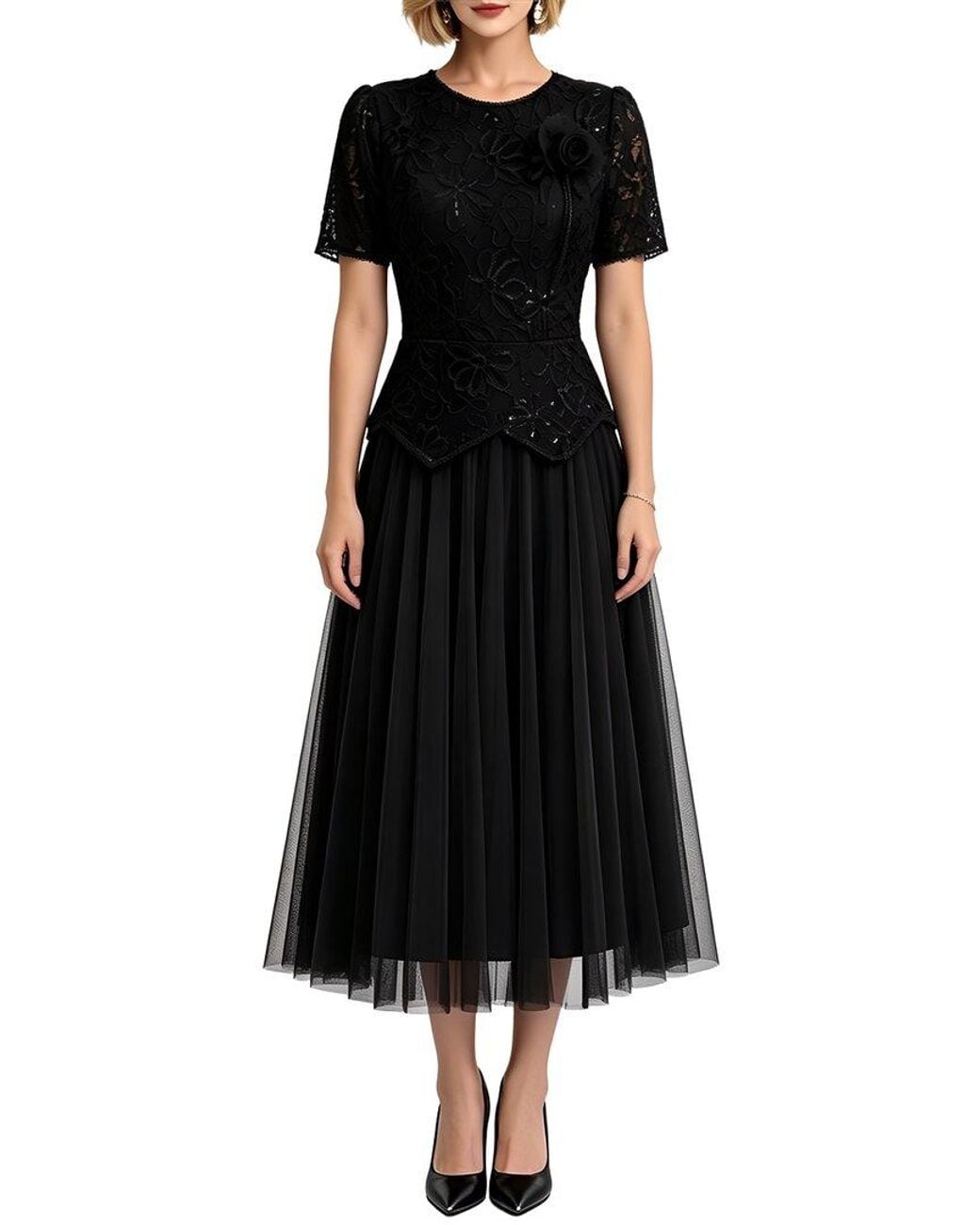 Linda Charm Black Short Sleeve Midi Dress