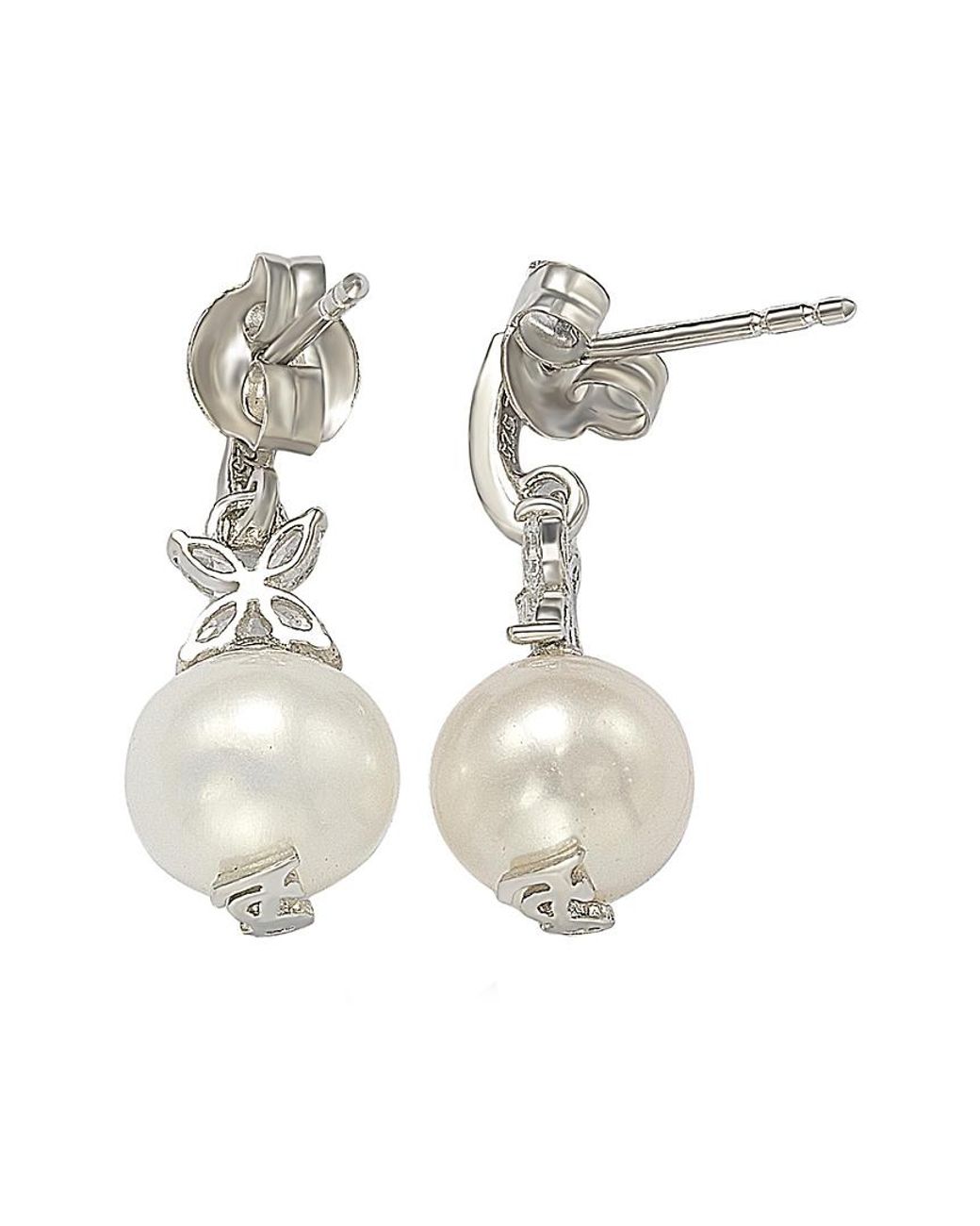 Suzy Levian White Silver Sapphire & 8mm Pearl Earrings