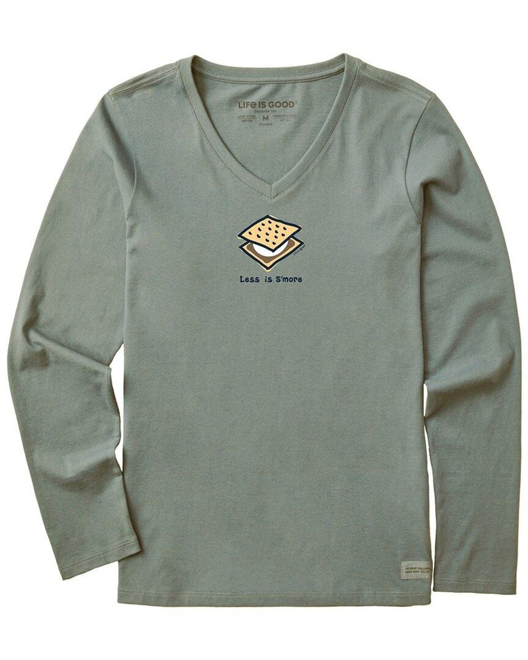 Life Is Good. Gray Garment-Washed Cotton V-Neck Long Sleeve Top