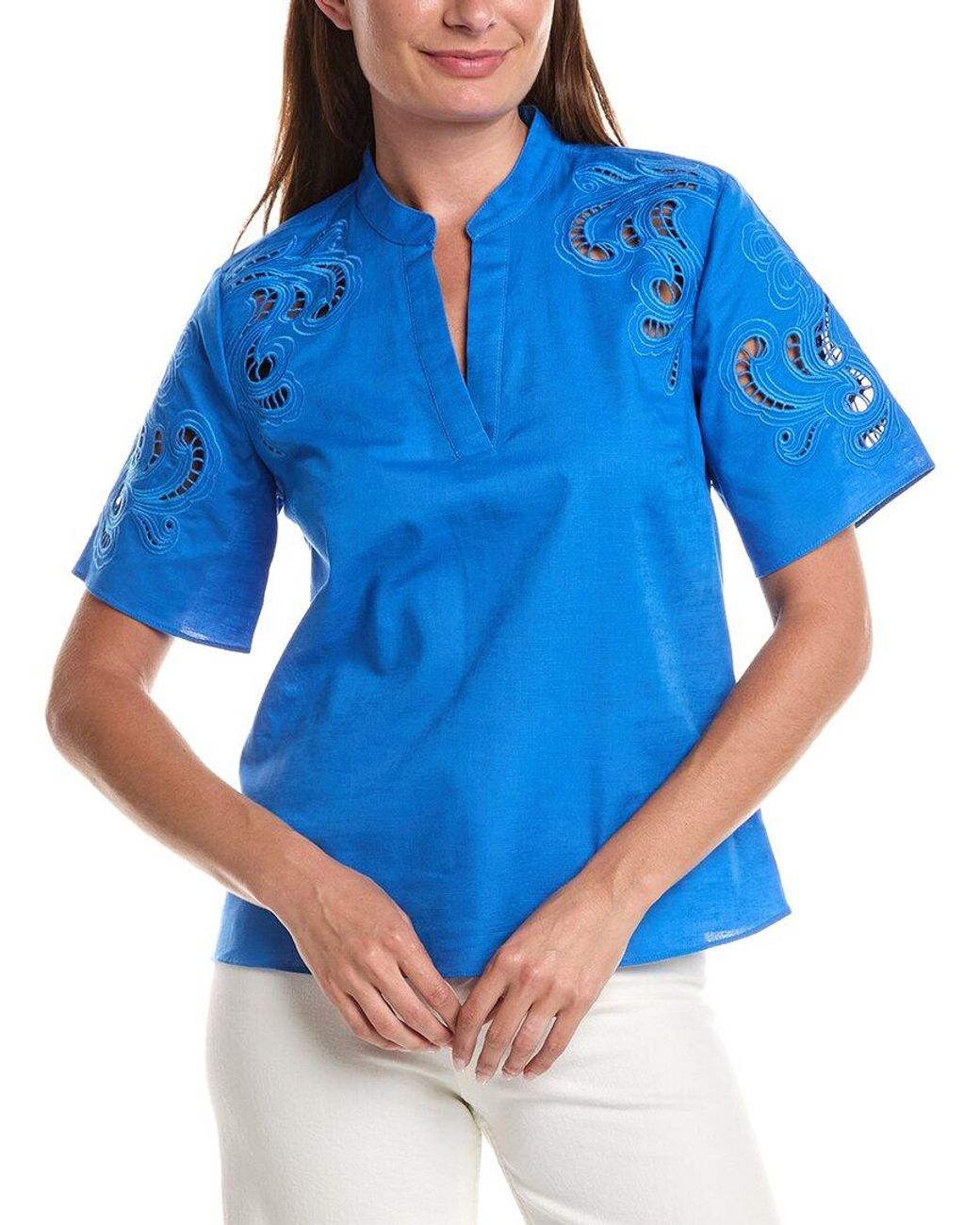 Tahari Blue Linen-Blend Solid Blouse