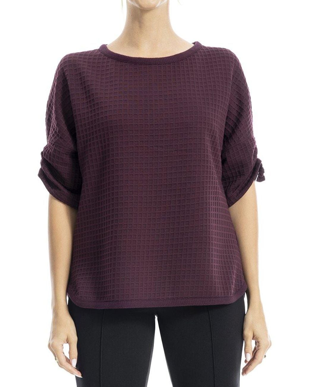 Max Studio Purple Ruched Sleeve Boat Neck Top