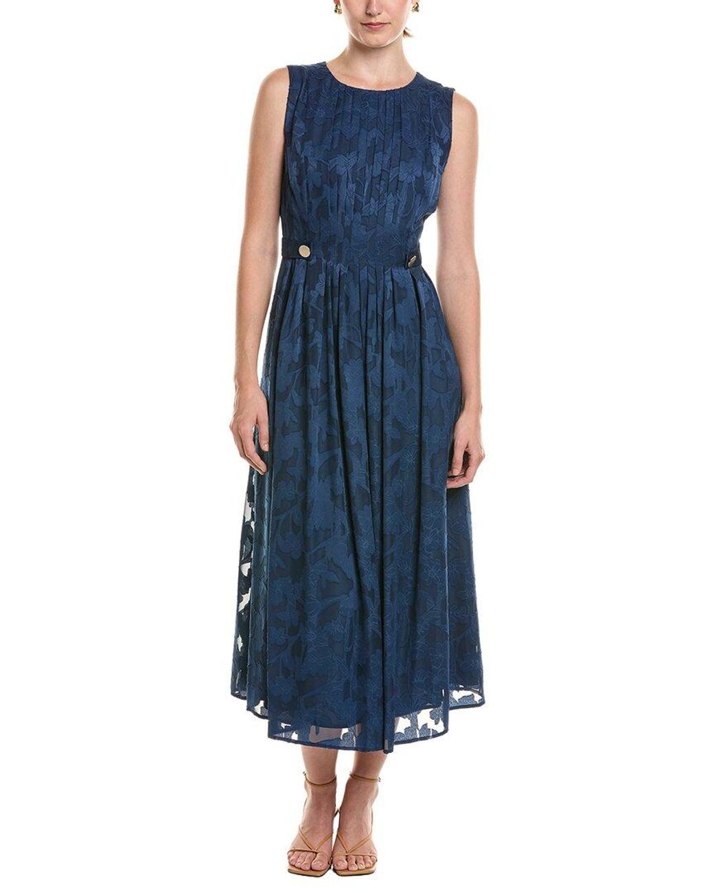 Anne Klein Blue Pleated Neckline A-Line Midi Dress