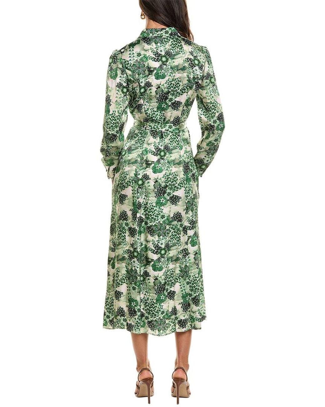 Saloni Green Vanessa Printed Hammered Satin Midi Dress
