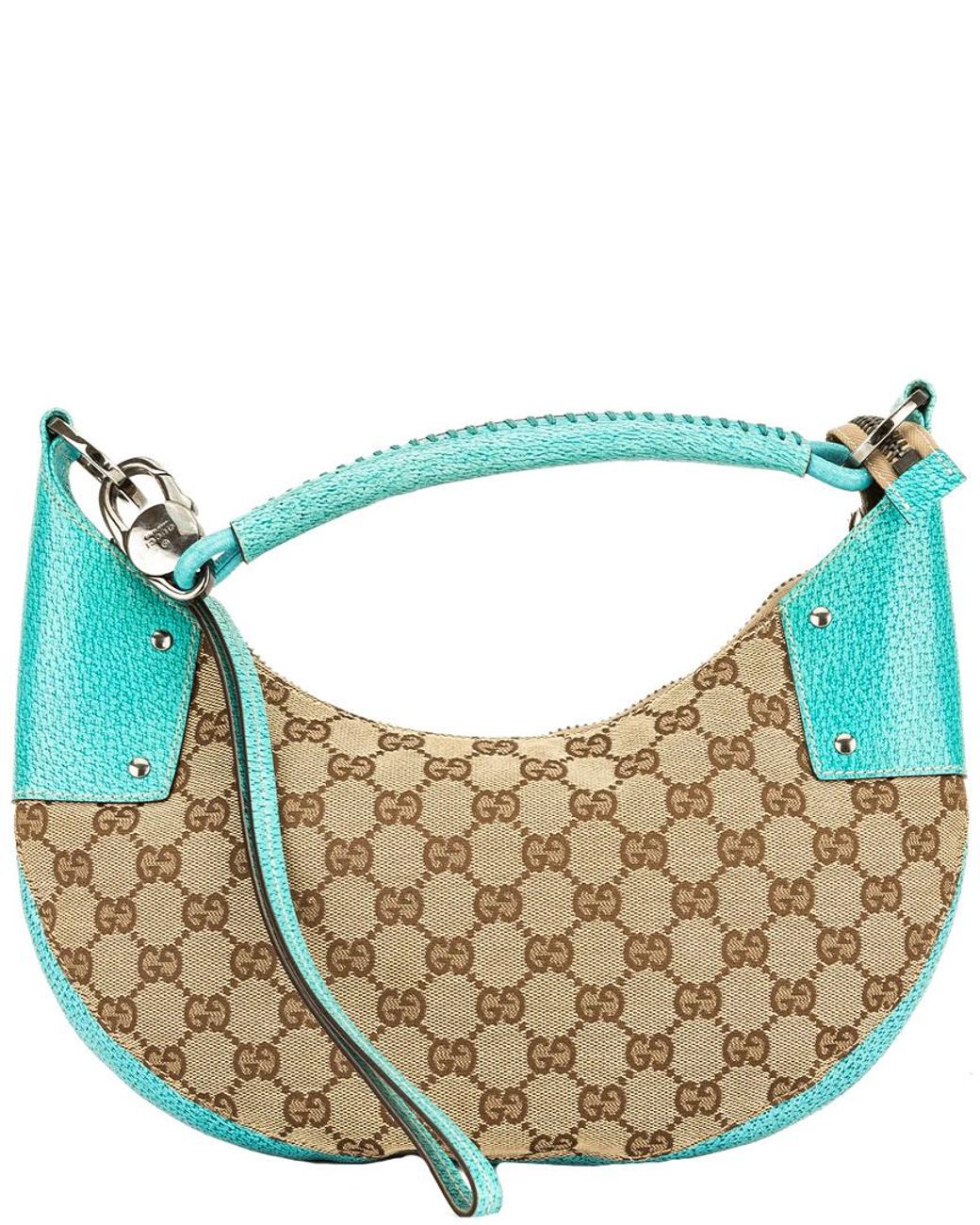 Vtg Gucci Monogram Drawstring Hobo Turquoise Shoulder Bag GG Canvas Brown