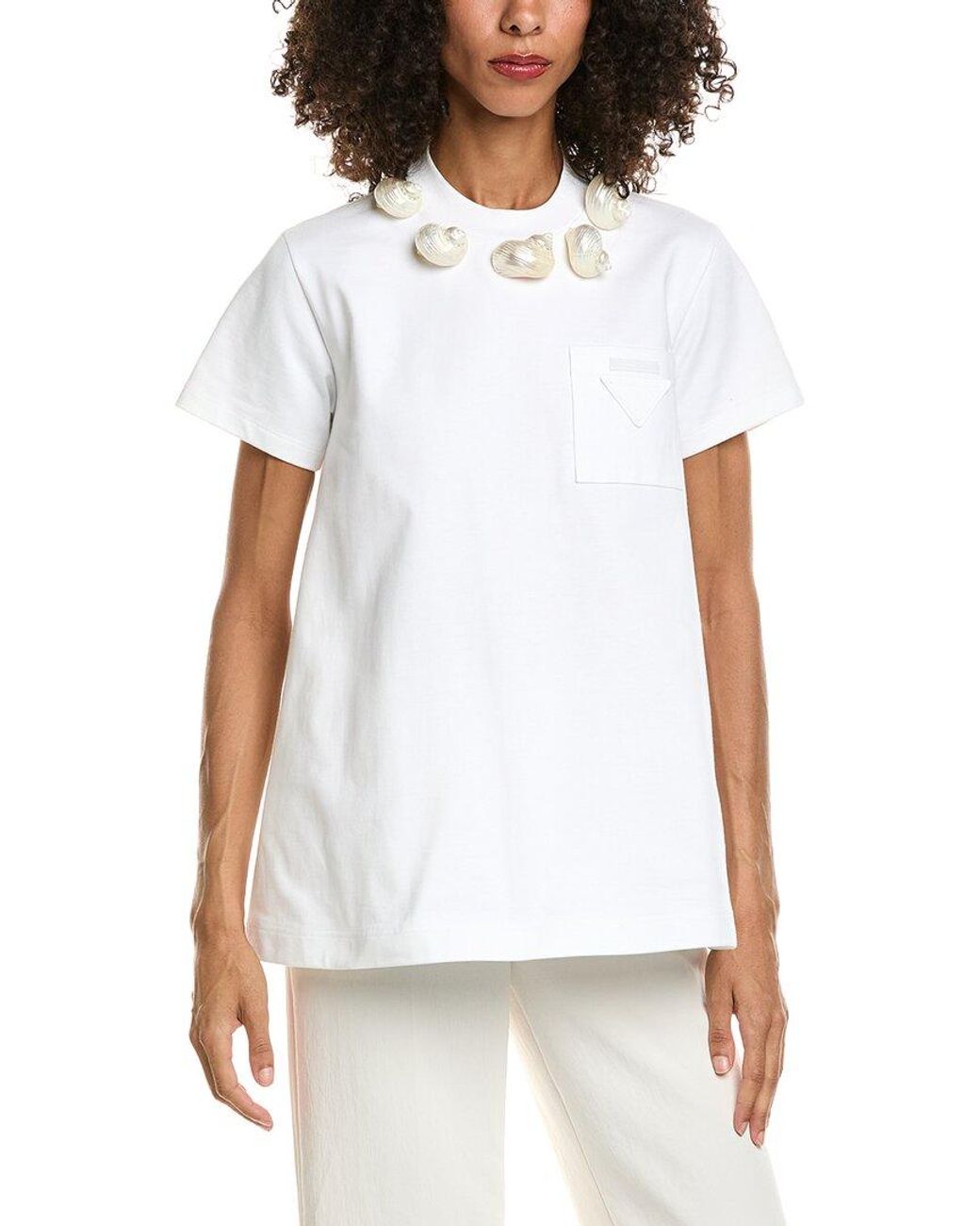 Prada White Shell Embellished Appliqued Jersey T-Shirt