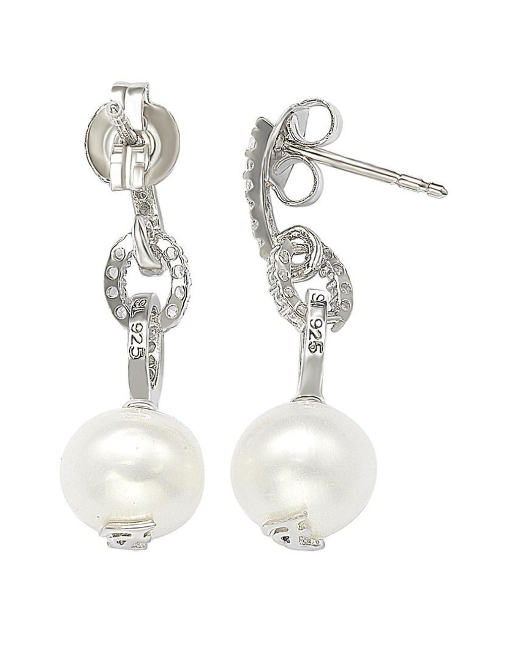 Suzy Levian White Silver Sapphire & 8mm Pearl Earrings