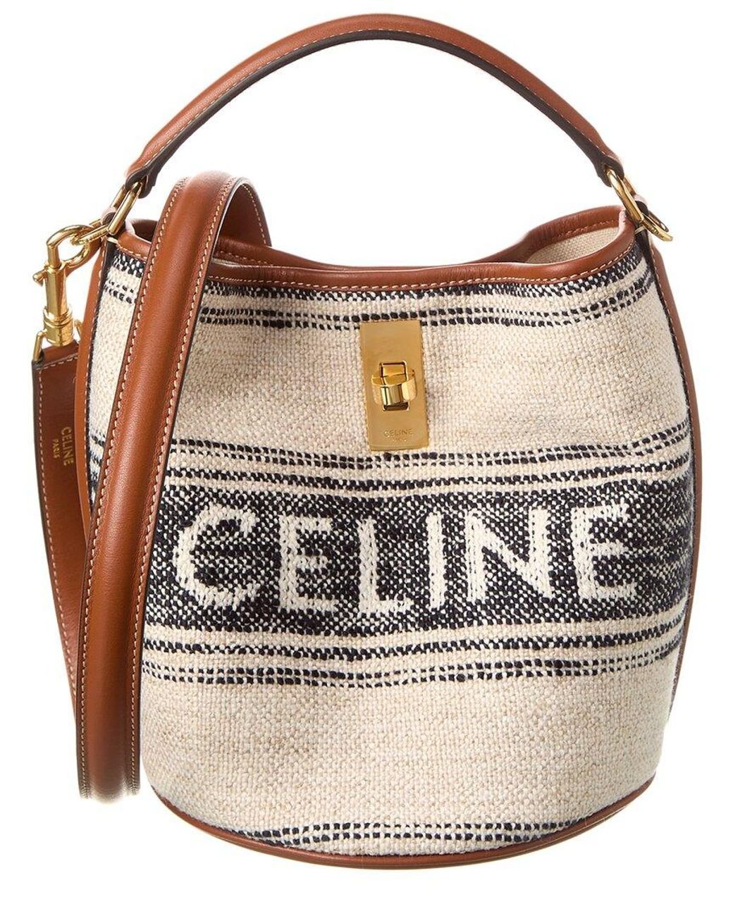 Celine Teen 16 Jacquard Canvas & Leather Bucket Bag in White