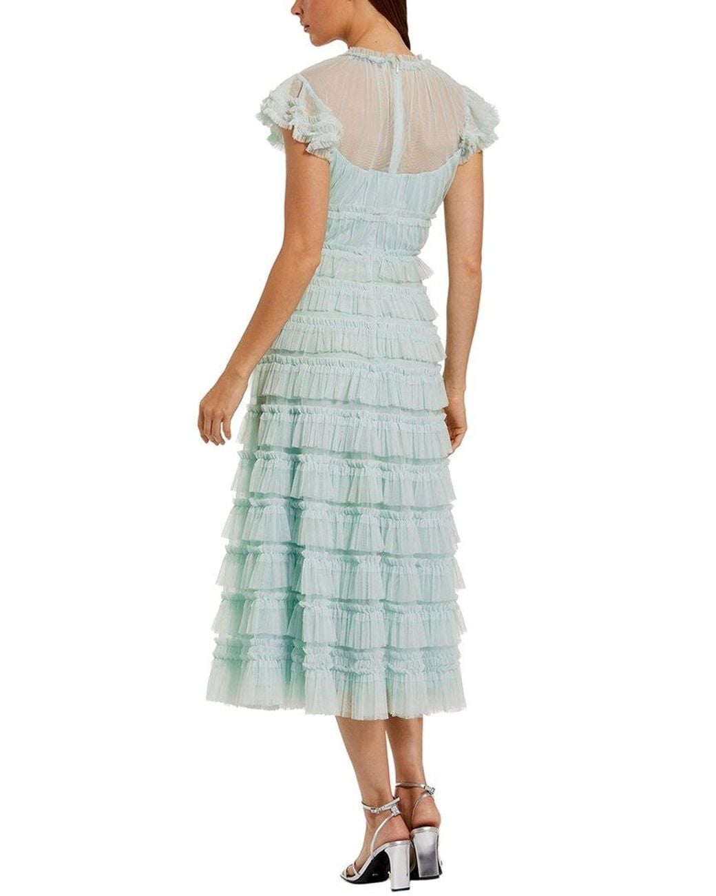 Mac Duggal Green Mesh Micro Ruffle High Neck Cap Sleeve Midi Dress